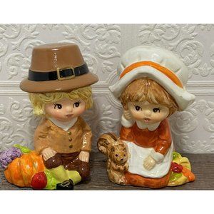 Boy Girl Pilgrims Thanksgiving Star Figurines Holiday Decor Pumpkin Squirrel